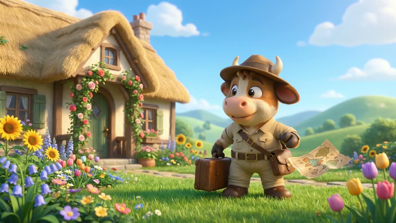 Silly Cow standing outside his cottage with map and suitcase, ready for an adventure
